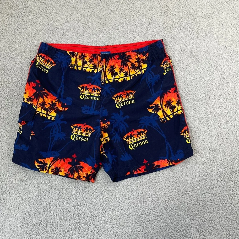 Corona Extra Beer Swim Trunks Men M Navy Palm Trees Beach Tropical Surf